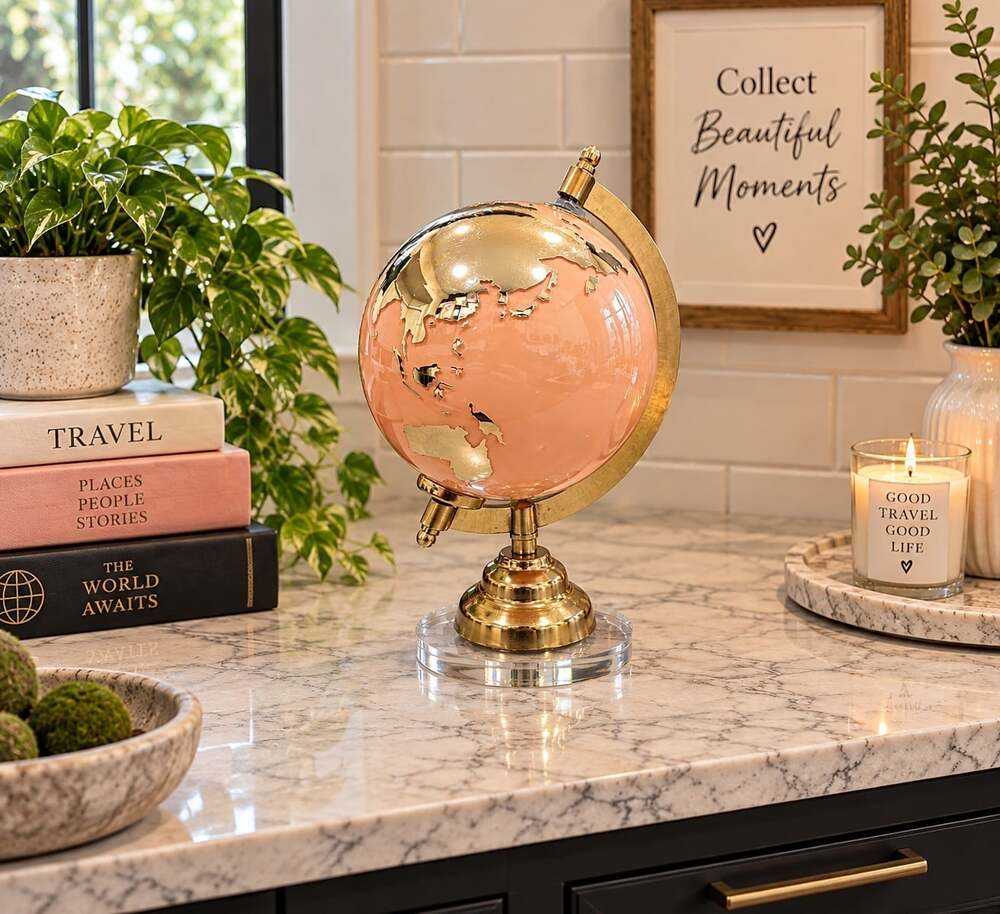 New Tan Hollywood Regency Glass Gold Globe Map Sculpture Figurine Room Decor